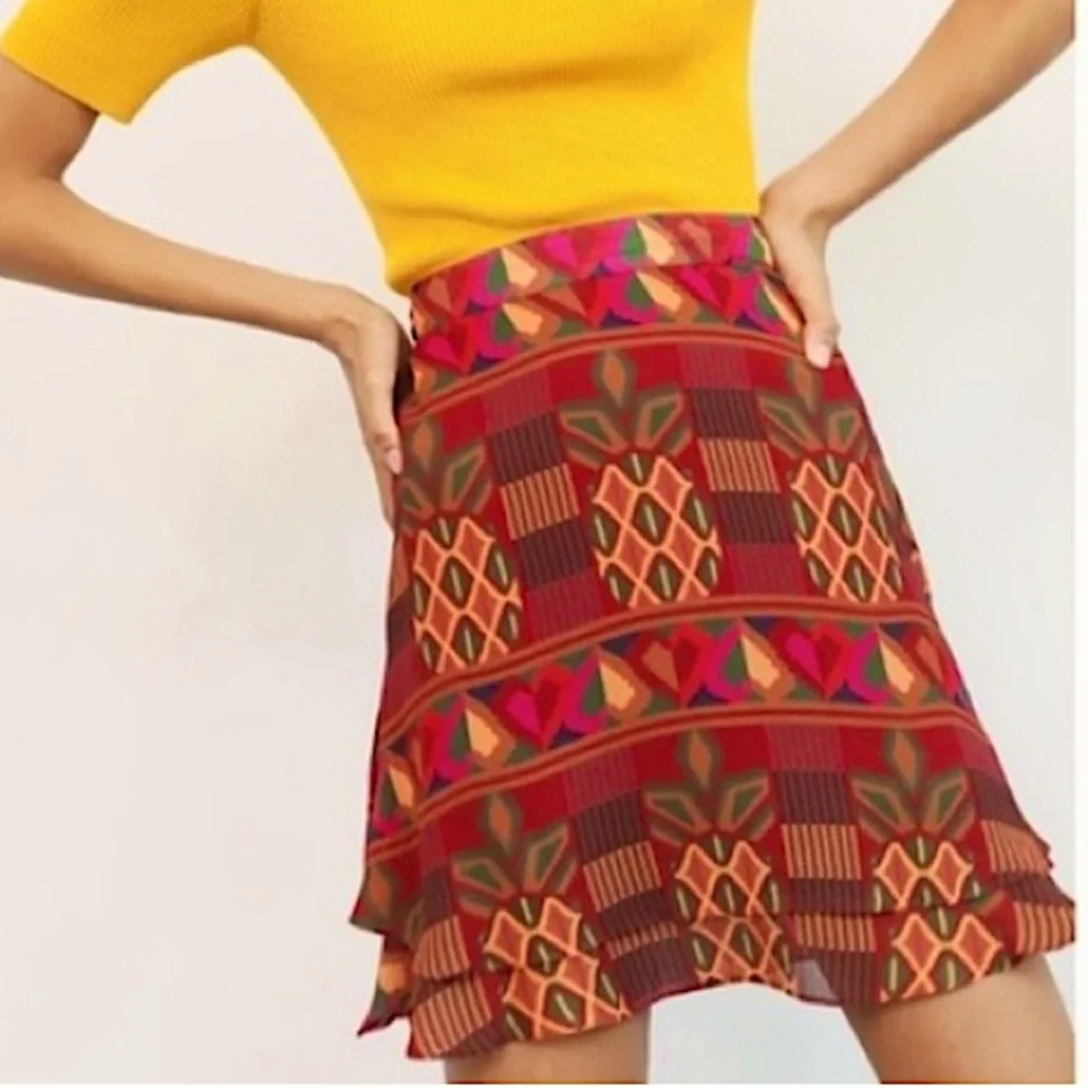 FARM RIO Orange Yellow Pineapple Tribal Print L Boho Brazilian Style Mini Skirt